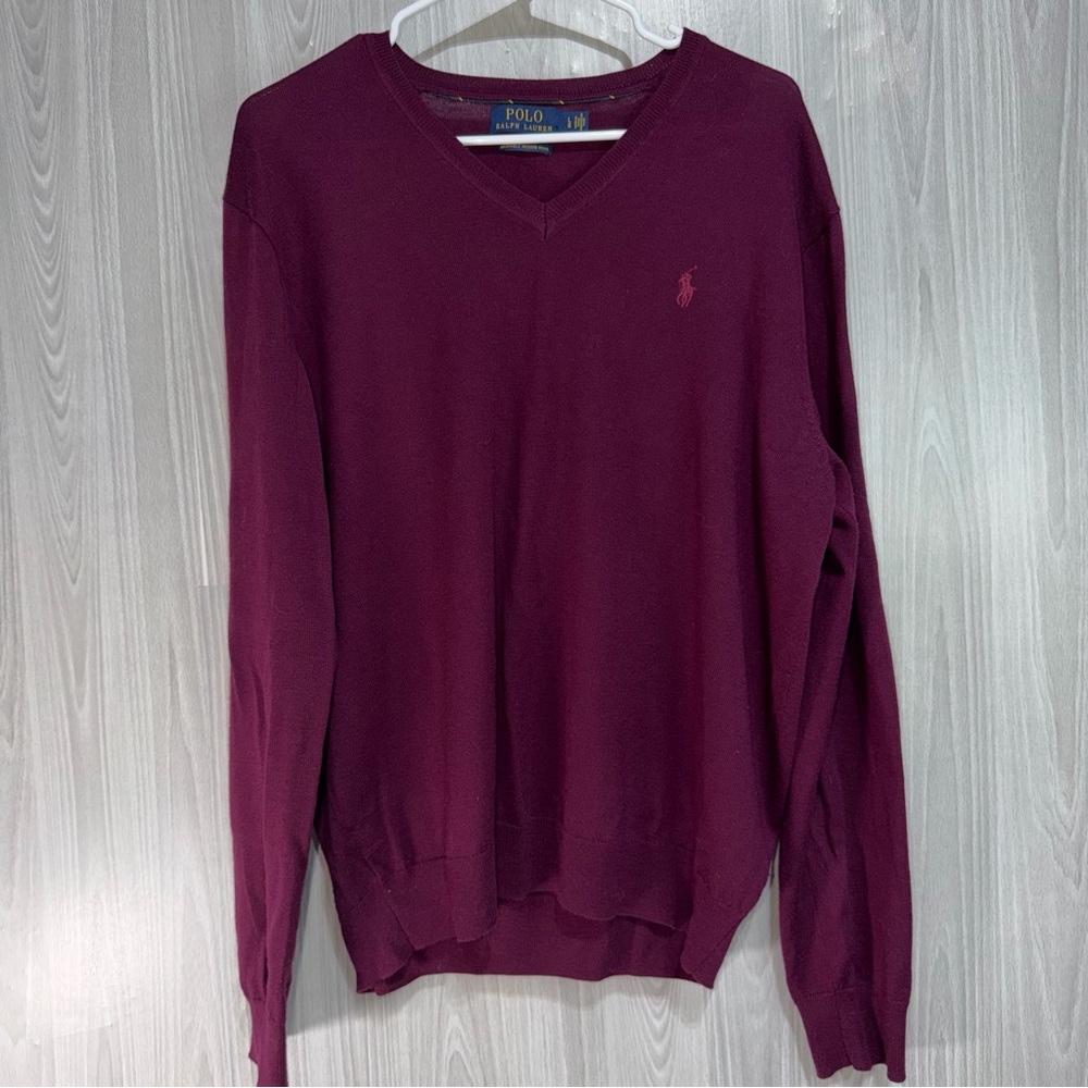 Polo Ralph Lauren Burgundy Vneck Sweater Large Washable‎ Merino Wool Pony Logo